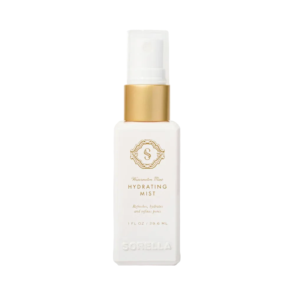 Sorbella Hydrating Mist in a white rectangular pump bottle with a gold collar and a clear cap